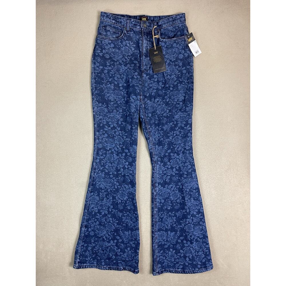 Lee Jeans Womens 30 Blue Floral Print Flare Leg High Rise Stretch Regular Fit